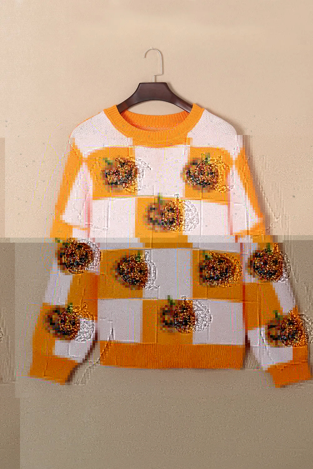 Pumpkin Checkered Round Neck Long Sleeve Sweater