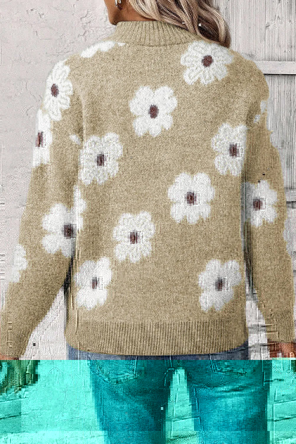 Flower Half Zip Long Sleeve Sweater