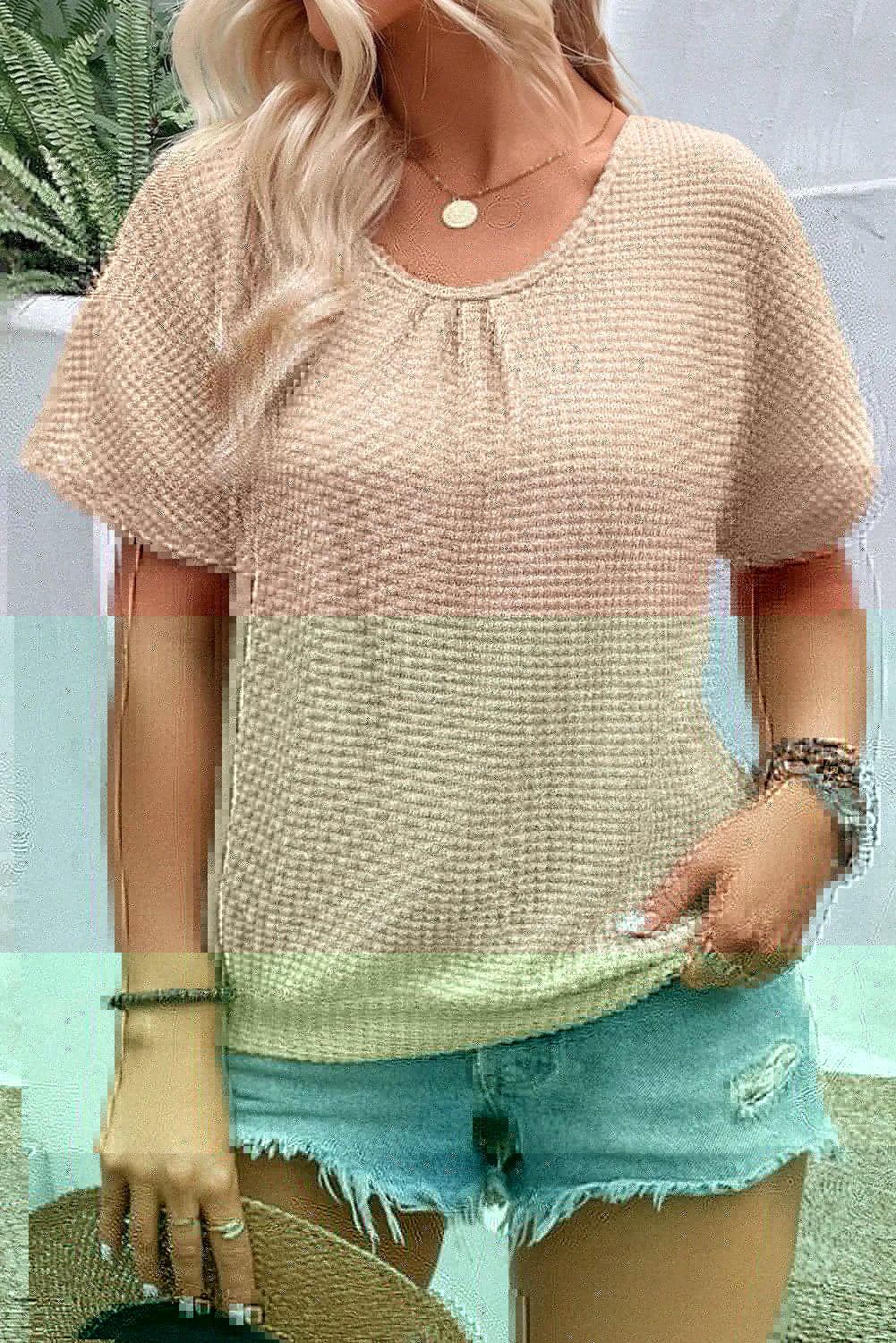 Plus Size Textured Lace Round Neck Short Sleeve T-Shirt