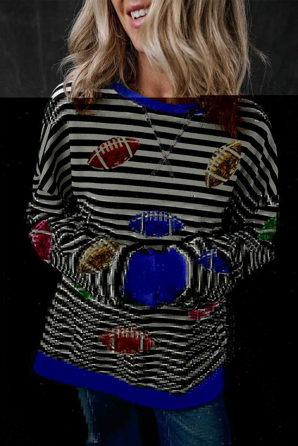 Sequin Football Striped Round Neck Long Sleeve Sweatshirt