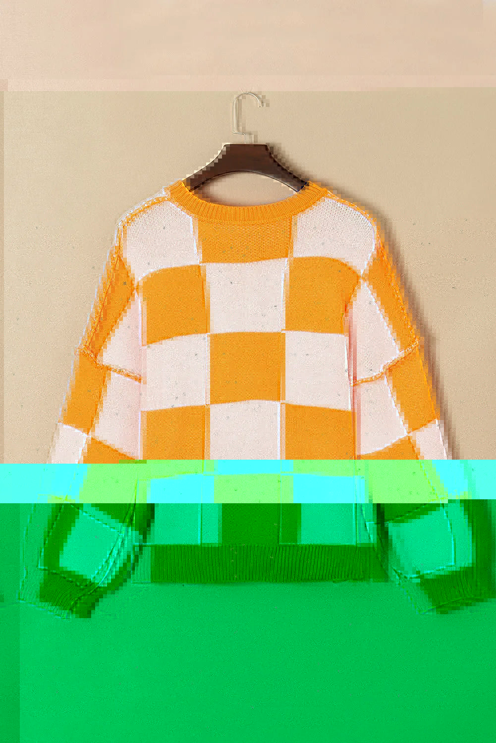 Pumpkin Checkered Round Neck Long Sleeve Sweater